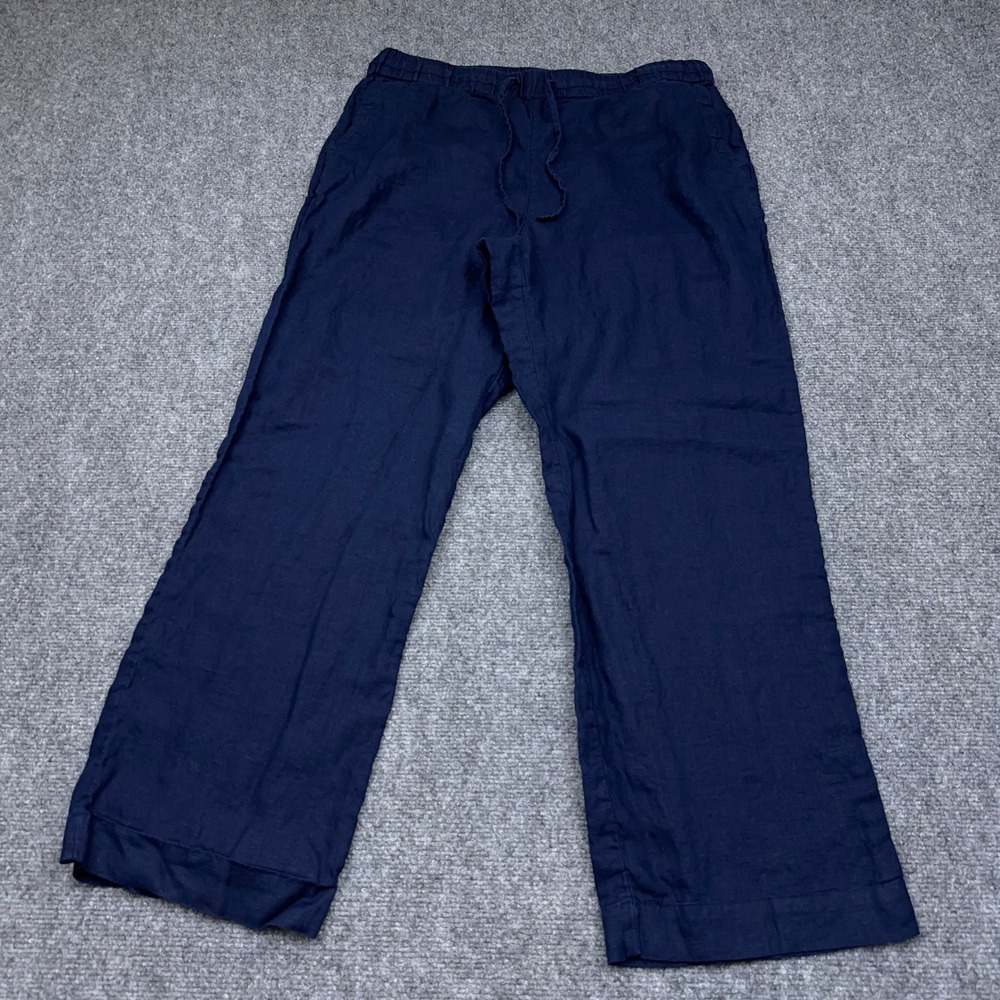 Charter Club Luxury Pull-On Pant Womens PL Petite Large Navy 100% Linen Wide Leg